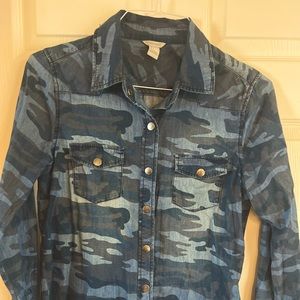 Forever 21 Camouflage Denim Button Down Blouse